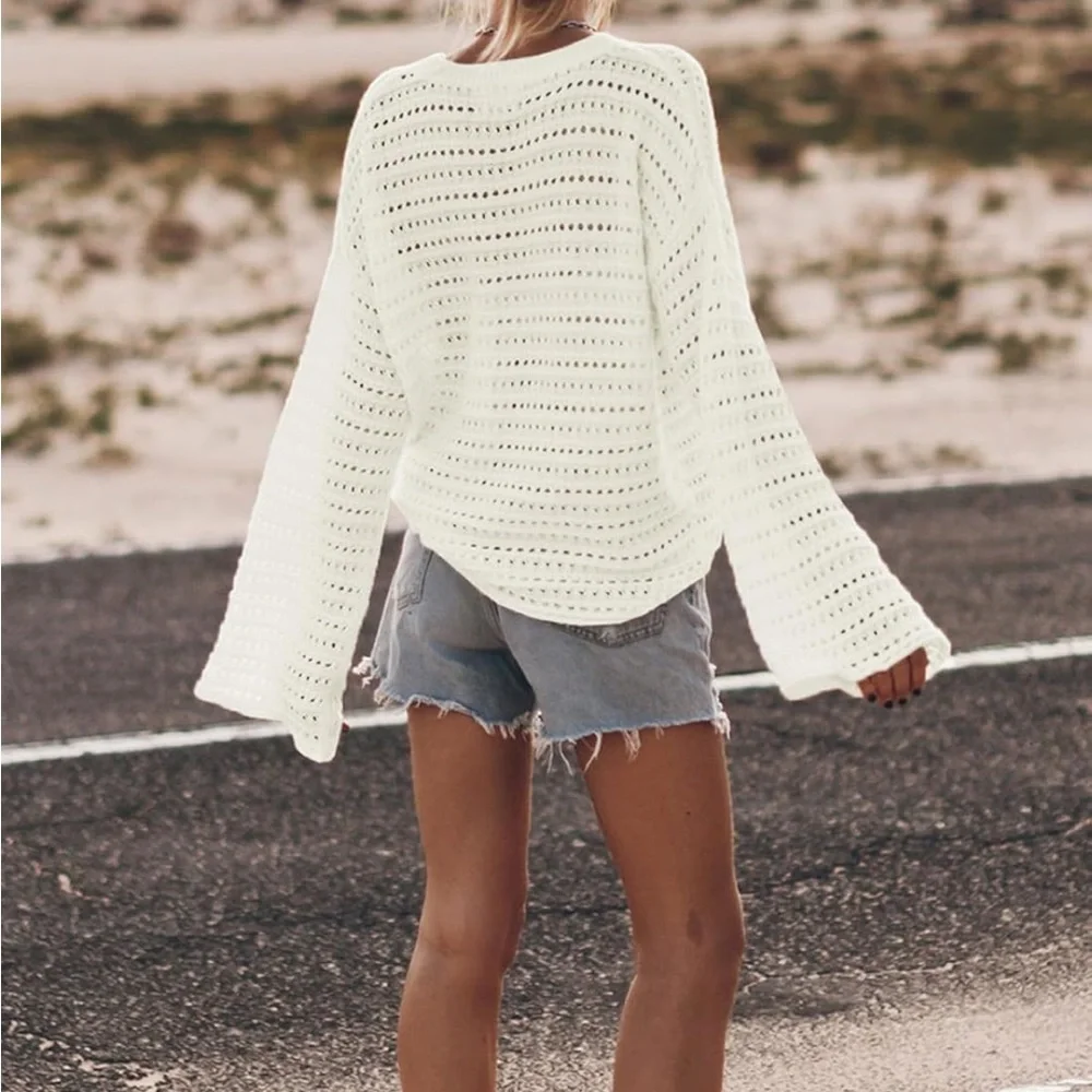 White Crochet Sweater Open Weave Cozy Cotton Blend Bell Sleeves Amazon NWOT - Picture 3 of 8